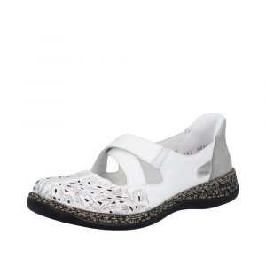 Ballerine cuir femme Brides élastiquées Mocassin dame Talon plat Grande largeur RIEKER 46352-80 Coloris blanc/gris. Vue d'ensemble, de biais d'une chaussure gauche.