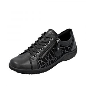 Tennis Faux cuir Végan femme Talon plat Semelle intérieure amovible Lacet + zip Chaussant large REMONTE Coloris noir. Vue de biais d'une chaussure gauche.