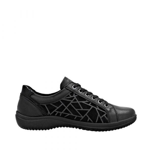 Tennis Faux cuir Végan femme Talon plat Semelle intérieure amovible Lacet + zip Chaussant large REMONTE Coloris noir. Vue du côté intérieur d'une chaussure gauche.