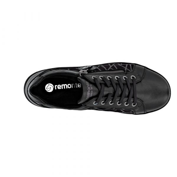 Tennis Faux cuir Végan femme Talon plat Semelle intérieure amovible Lacet + zip Chaussant large REMONTE Coloris noir. Vue de dessus d'une chaussure gauche. Vue d'une partie de la semelle intérieure.