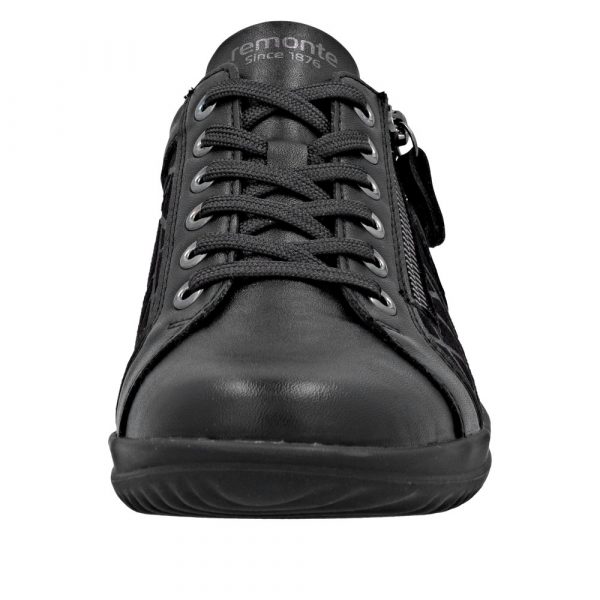 Tennis Faux cuir Végan femme Talon plat Semelle intérieure amovible Lacet + zip Chaussant large REMONTE Coloris noir. Vue de l'avant d'une chaussure gauche. Vue du laçage bas.
