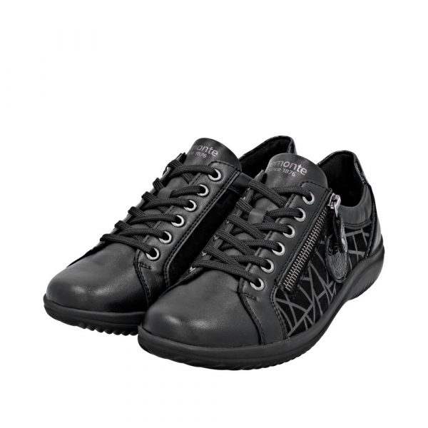 Tennis Faux cuir Végan femme Talon plat Semelle intérieure amovible Lacet + zip Chaussant large REMONTE Coloris noir. Vue d'ensemble de deux chaussures.