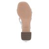 Sandale mode femme talon carré fermeture velcro chaussant normal REMONTE coloris argent/strass. Vue de dessous d'une chaussure gauche.