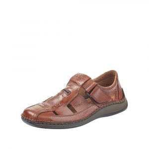 Sandale cuir homme Scratch Dessus aéré Semelle souple Nu-pied Largeur confort RIEKER 05284-24 Coloris marron. Vue de biais d'une chaussure gauche.