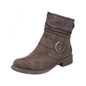Bottines femme Talon carré plat Faux cuir souple Chaussant confort RIEKER 79454-25 coloris marron chocolat. Vue de biais d'une chaussure gauche.