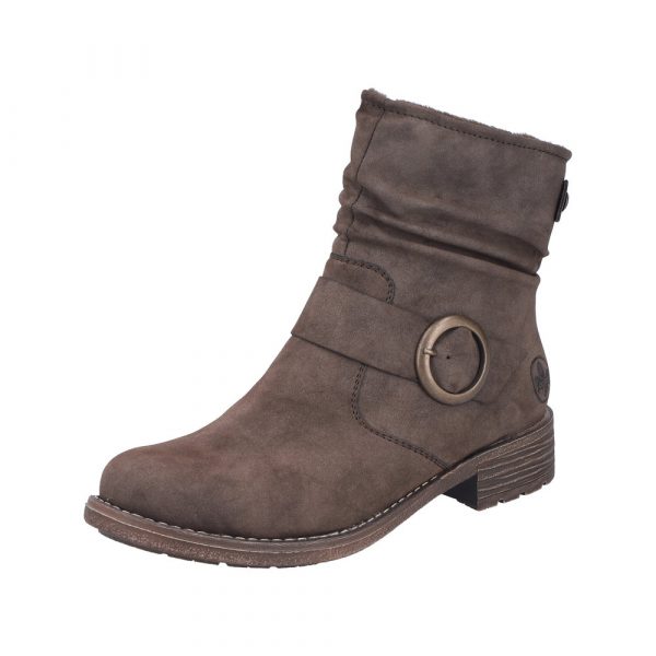 Bottines femme Talon carré plat Faux cuir souple Chaussant confort RIEKER 79454-25 coloris marron chocolat. Vue de biais d'une chaussure gauche.