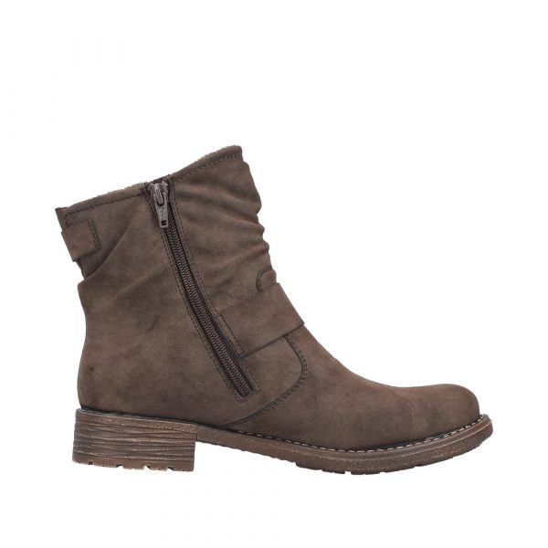 Bottines femme Talon carré plat Faux cuir souple Chaussant confort RIEKER 79454-25 coloris marron chocolat. Vue du côté intérieur d'une chaussure gauche faisant apparaître la fermeture éclair.