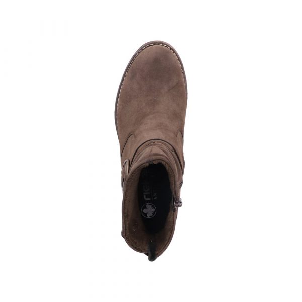 Bottines femme Talon carré plat Faux cuir souple Chaussant confort RIEKER 79454-25 coloris marron chocolat. Vue de dessus d'une chaussure gauche faisant apparaître la doublure inérieure.