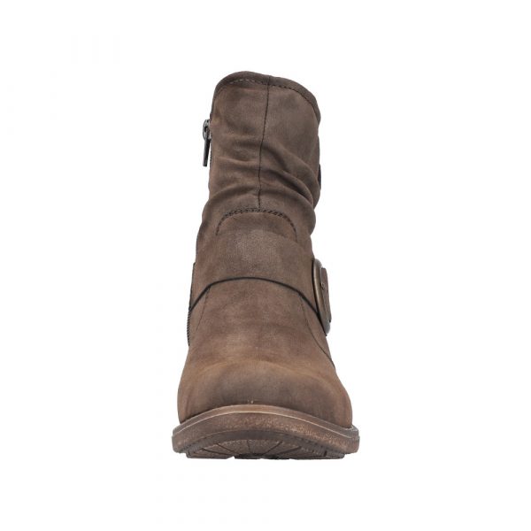 Bottines femme Talon carré plat Faux cuir souple Chaussant confort RIEKER 79454-25 coloris marron chocolat. Vue de l'avant d'une chaussure gauche.