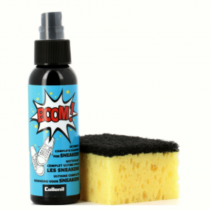 Nettoyage complet pour toutes les baskets Entretien des chaussures spray avec éponge Nettoyant pour tous les matériaux sneakers, chaussures, bottes, vêtement, sac, sac à dos Kit de cirage COLLONIL BOOM. Vue du flacon spray et de l'éponge.