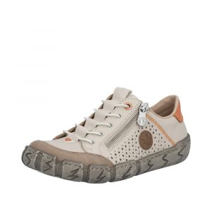 Tennis femme Chaussant extra-large Cuir perforé Élastiqué Semelle souple RIEKER L0355-61 coloris beige / orange. Vue de biais d'une chaussure gauche.