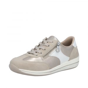 Tennis femme cuir souple Largeur confort Lacet + deux zips Doublure textile Chaussure dame Semelle intérieure amovible RIEKER Coloris beige combiné / doré. Vue d'ensemble, de biais avant, d'une chaussure gauche.