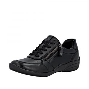 Chaussure basse Femme Matière stretch Talon compensé Lacet+zip Chaussant extra large REMONTE 7637-05 Coloris noir. Vue d'ensemble de biais d'une chaussure gauche.
