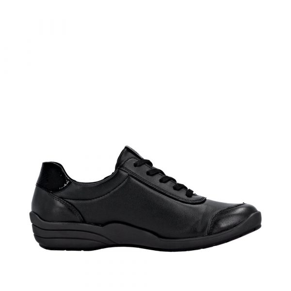 Chaussure basse Femme Matière stretch Talon compensé Lacet+zip Chaussant extra large REMONTE 7637-05 Coloris noir. Vue du côté intérieur d'une chaussure gauche faisant apparaître l'empiècement vernis au niveau du talon.