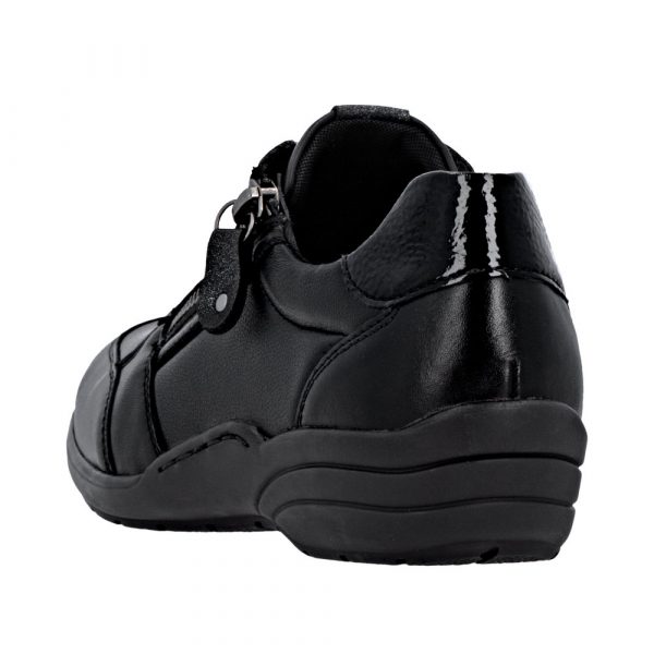 Chaussure basse Femme Matière stretch Talon compensé Lacet+zip Chaussant extra large REMONTE 7637-05 Coloris noir. Vue de l'arrière d'une chaussure gauche faisant apparaître la hauteur du talon.