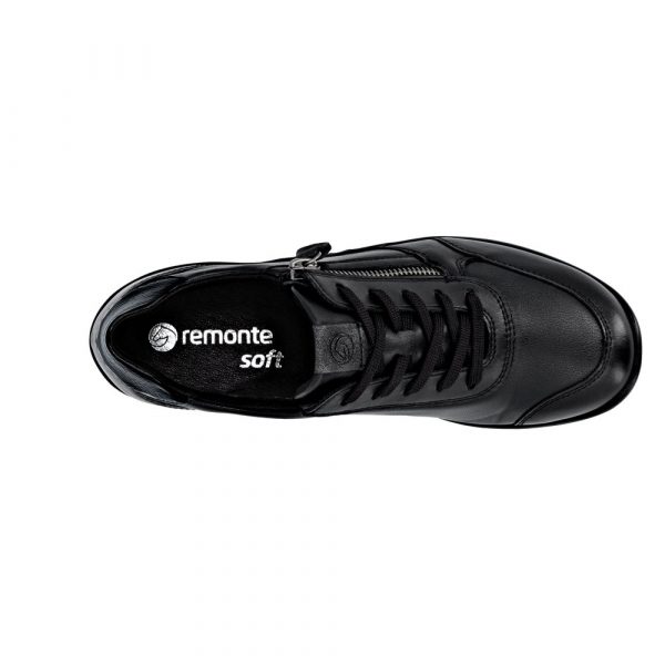 Chaussure basse Femme Matière stretch Talon compensé Lacet+zip Chaussant extra large REMONTE 7637-05 Coloris noir. Vue de dessus d'une chaussure gauche faisant apparaître une partie de la semelle intérieure.