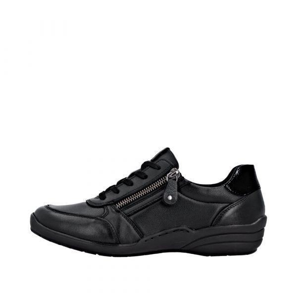 Chaussure basse Femme Matière stretch Talon compensé Lacet+zip Chaussant extra large REMONTE 7637-05 Coloris noir. Vue du côté extérieur d'une chaussure gauche faisant apparaître la fermeture éclair latérale.