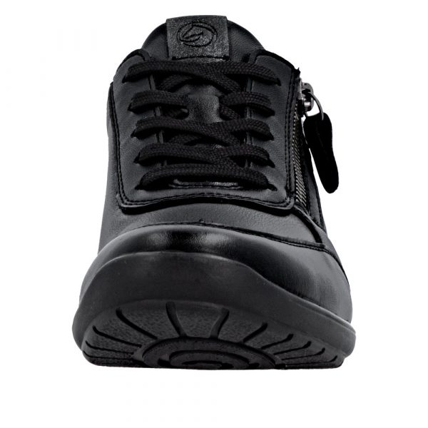 Chaussure basse Femme Matière stretch Talon compensé Lacet+zip Chaussant extra large REMONTE 7637-05 Coloris noir. Vue de l'avant d'une chaussure gauche faisant apparaître le lacet.