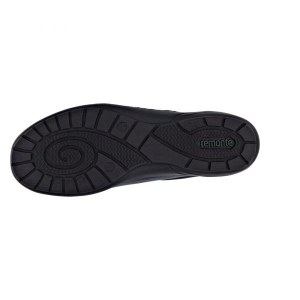 Chaussure basse Femme Matière stretch Talon compensé Lacet+zip Chaussant extra large REMONTE 7637-05 Coloris noir. Vue de la semelle de dessous d'une chaussure gauche.