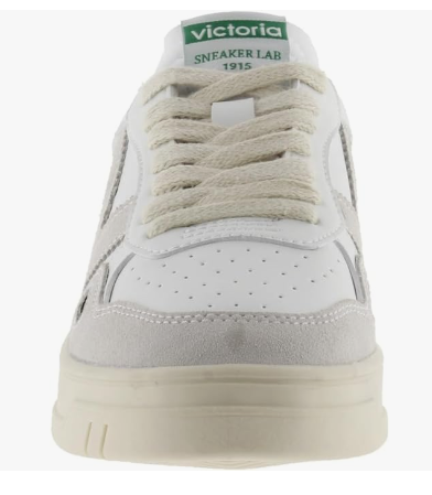 Tennis unisexe à lacet semelle épaisse talon plat VICTORIA coloris blanc et vert. Vue avant chaussure droite.