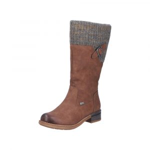 Botte femme Talon carré Doublure chaude Imperméable Mi-botte dame Mollet large RIEKER 94692-24 coloris marron. Vue d'ensemble de biais d'une chaussure gauche.