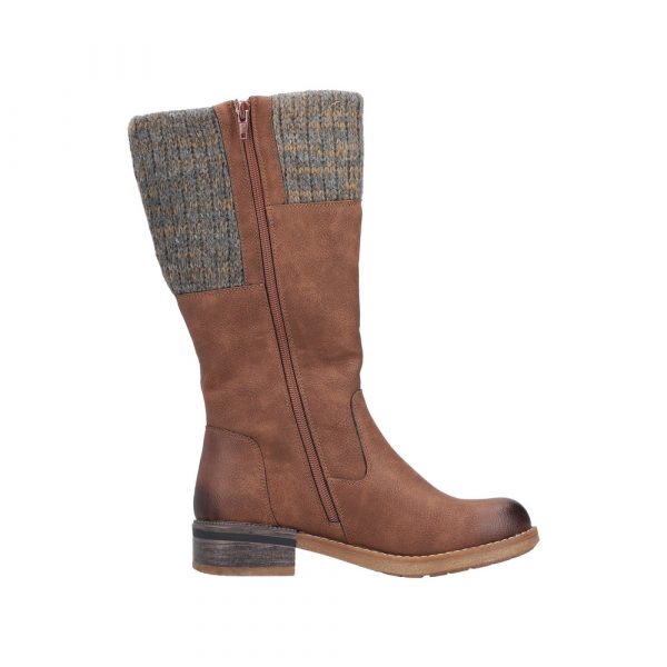Botte femme Talon carré Doublure chaude Imperméable Mi-botte dame Mollet large RIEKER 94692-24 coloris marron. Vue du profil intérieur, montrant la fermeture éclair, d'une chaussure gauche.