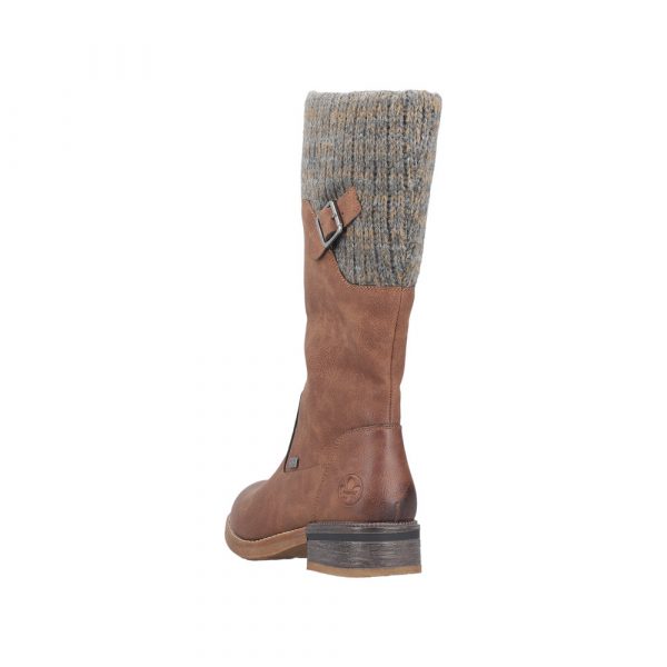 Botte femme Talon carré Doublure chaude Imperméable Mi-botte dame Mollet large RIEKER 94692-24 coloris marron. Vue d'ensemble de biais de l'arrière, montrant l'empiècement en tricot, d'une chaussure gauche.