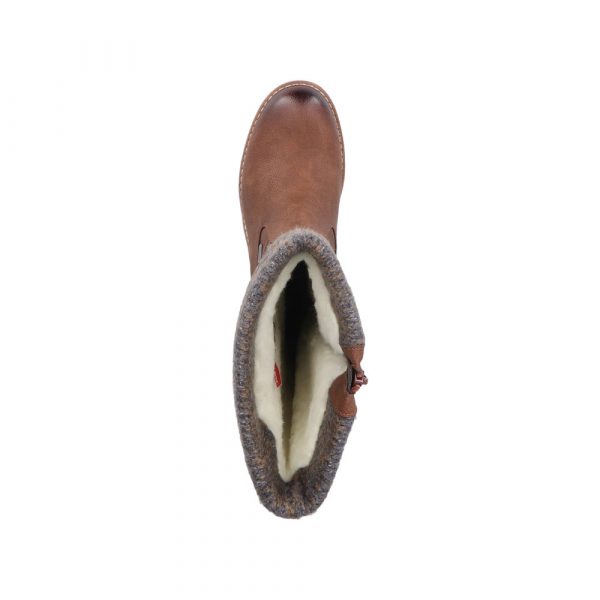 Botte femme Talon carré Doublure chaude Imperméable Mi-botte dame Mollet large RIEKER 94692-24 coloris marron. Vue de dessus, faisant apparaître la doublure intérieure, d'une chaussure gauche.