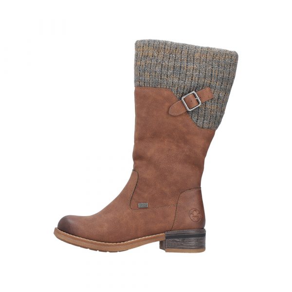 Botte femme Talon carré Doublure chaude Imperméable Mi-botte dame Mollet large RIEKER 94692-24 coloris marron. Vue du profil extérieur, montrant la boucle fantaisie, d'une chaussure gauche.