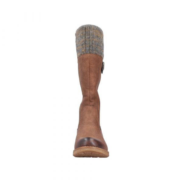 Botte femme Talon carré Doublure chaude Imperméable Mi-botte dame Mollet large RIEKER 94692-24 coloris marron. Vue d'ensemble de l'avant d'une chaussure gauche.