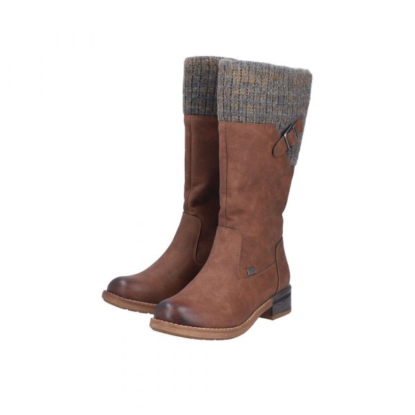 Botte femme Talon carré Doublure chaude Imperméable Mi-botte dame Mollet large RIEKER 94692-24 coloris marron. Vue d'ensemble de biais de deux chaussures.