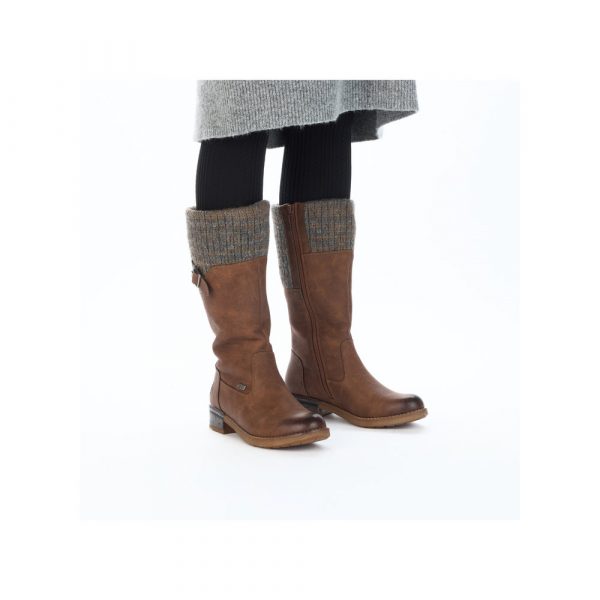 Botte femme Talon carré Doublure chaude Imperméable Mi-botte dame Mollet large RIEKER 94692-24 coloris marron. Vue d'ensemble de biais de deux chaussures portées.