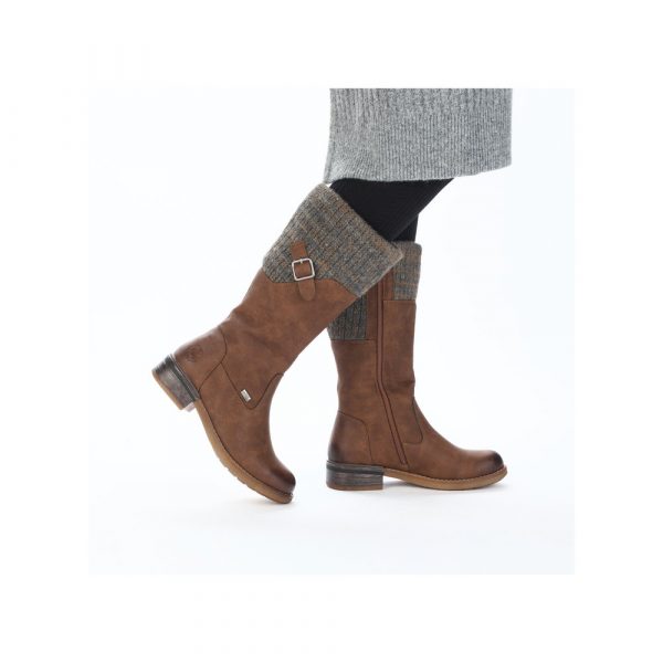 Botte femme Talon carré Doublure chaude Imperméable Mi-botte dame Mollet large RIEKER 94692-24 coloris marron. Vue d'ensemble de profil de deux chaussures portées.