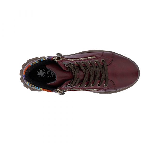Baskets femme Cuir souple Imperméable Semelle épaisse Chaussant large Empiècement multicolore RIEKER N1305-35 coloris bordeaux. Vue de dessus d'une chaussure gauche permettant d'apercevoir une partie de la semelle intérieure.