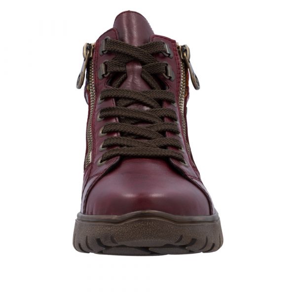 Baskets femme Cuir souple Imperméable Semelle épaisse Chaussant large Empiècement multicolore RIEKER N1305-35 coloris bordeaux. Vue de l'avant d'une chaussure gauche le lacet ainsi que les deux fermetures éclair.