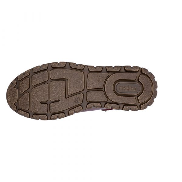 Baskets femme Cuir souple Imperméable Semelle épaisse Chaussant large Empiècement multicolore RIEKER N1305-35 coloris bordeaux. Vue de la semelle extérieure d'une chaussure gauche le lacet ainsi que les deux fermetures éclair.
