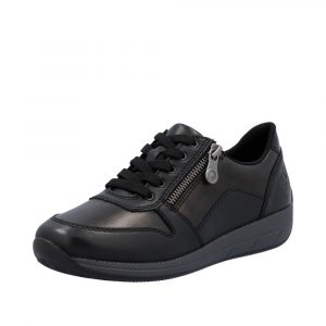 Tennis femme Lacets + fermeture éclair Talon compensé Cuir très souple Grande largeur REMONTE N1100-25 coloris noir. Vue de biais de l'avant d'une chaussure gauche.