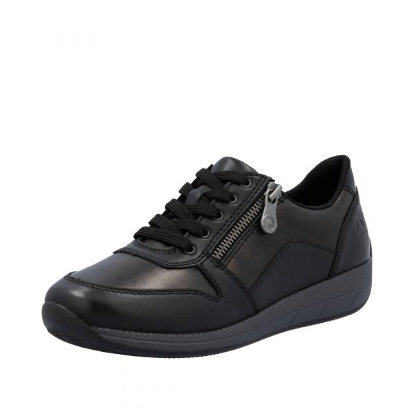 Tennis femme Lacets + fermeture éclair Talon compensé Cuir très souple Grande largeur REMONTE N1100-25 coloris noir. Vue de biais de l'avant d'une chaussure gauche.