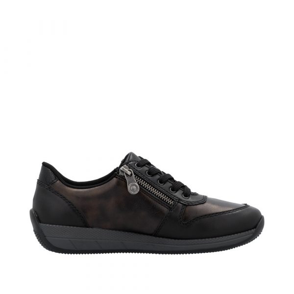 Tennis femme Lacets + fermeture éclair Talon compensé Cuir très souple Grande largeur REMONTE N1100-25 coloris noir. Vue du profil intérieur d'une chaussure gauche faisant apparaître un zip latéral.