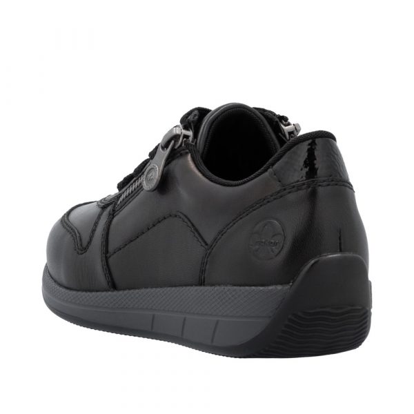 Tennis femme Lacets + fermeture éclair Talon compensé Cuir très souple Grande largeur REMONTE N1100-25 coloris noir. Vue de biais de l'arrière d'une chaussure gauche faisant apparaître la hauteur du talon.