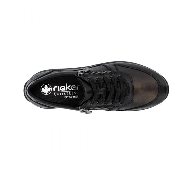 Tennis femme Lacets + fermeture éclair Talon compensé Cuir très souple Grande largeur REMONTE N1100-25 coloris noir. Vue du profil extérieur d'une chaussure gauche faisant apparaître l'intérieur ainsi que les deux fermetures éclair.