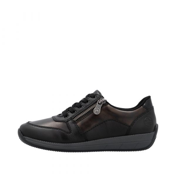 Tennis femme Lacets + fermeture éclair Talon compensé Cuir très souple Grande largeur REMONTE N1100-25 coloris noir. Vue du profil extérieur d'une chaussure gauche faisant apparaître le logo de la marque.