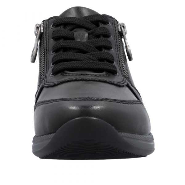 Tennis femme Lacets + fermeture éclair Talon compensé Cuir très souple Grande largeur REMONTE N1100-25 coloris noir. Vue de l'avant d'une chaussure gauche.