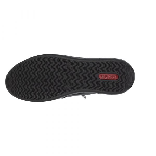 Tennis femme Lacets + fermeture éclair Talon compensé Cuir très souple Grande largeur REMONTE N1100-25 coloris noir. Vue de dessous de la semelle d'une chaussure gauche faisant apparaître le dessin ainsi que la marque.