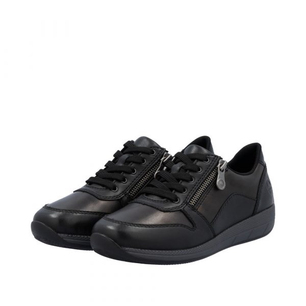 Tennis femme Lacets + fermeture éclair Talon compensé Cuir très souple Grande largeur REMONTE N1100-25 coloris noir. Vue d'ensemble de deux chaussures.