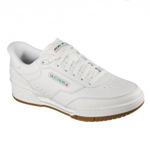 Tennis homme Dessus cuir Système slip-ins Lacets Semelle intérieure à mémoire de forme SKECHERS Coloris blanc cassé. Vue d'ensemble de biais d'une chaussure droite.