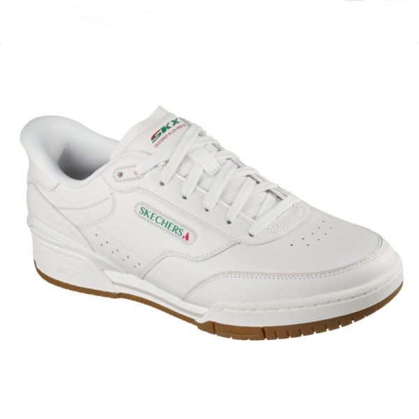 Tennis homme Dessus cuir Système slip-ins Lacets Semelle intérieure à mémoire de forme SKECHERS Coloris blanc cassé. Vue d'ensemble de biais d'une chaussure droite.