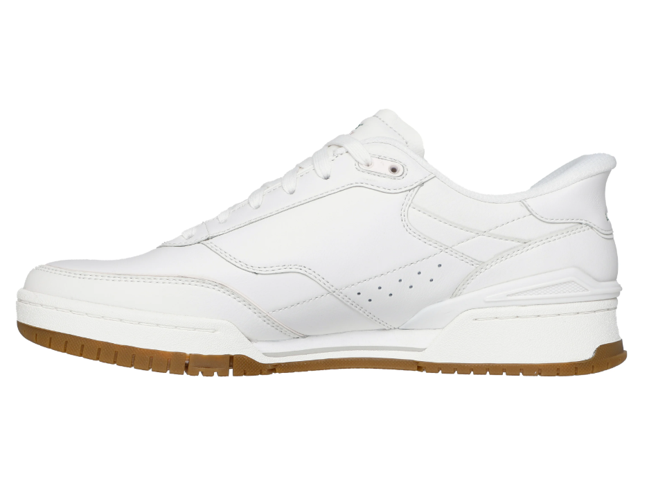 Tennis homme Dessus cuir Système slip-ins Lacets Semelle intérieure à mémoire de forme SKECHERS Coloris blanc cassé. Vue du profil intérieur d'une chaussure droite.