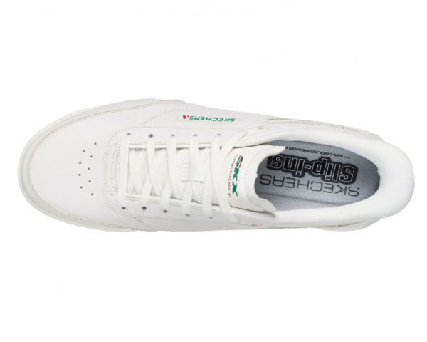 Tennis homme Dessus cuir Système slip-ins Lacets Semelle intérieure à mémoire de forme SKECHERS Coloris blanc cassé. Vue de dessus d'une chaussure droite faisant apparaître la semelle intérieure.