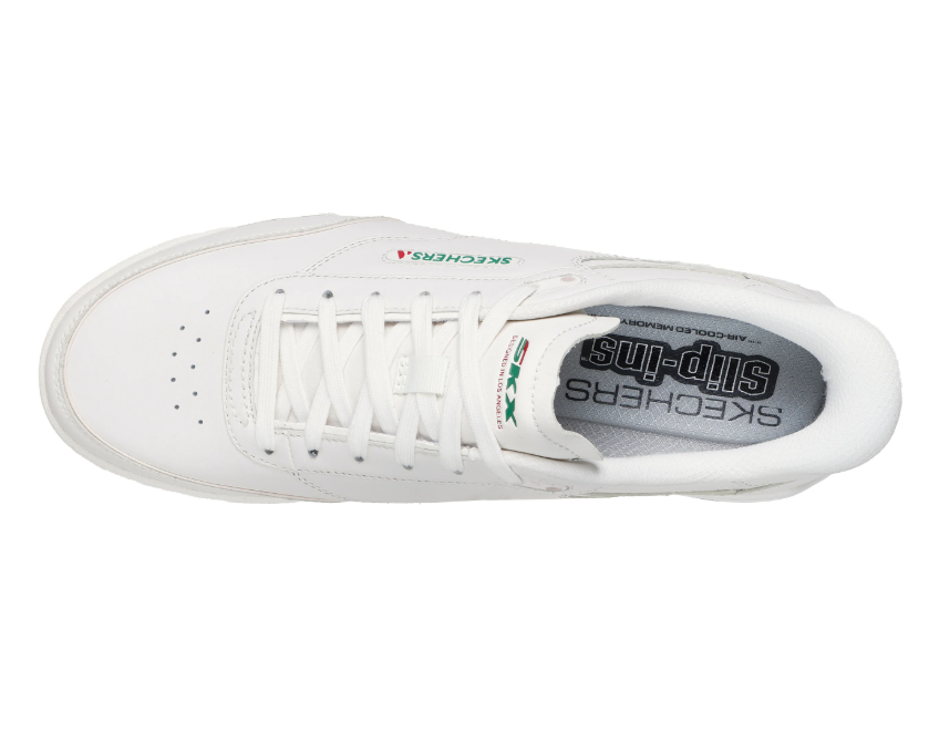 Tennis homme Dessus cuir Système slip-ins Lacets Semelle intérieure à mémoire de forme SKECHERS Coloris blanc cassé. Vue de dessus d'une chaussure droite faisant apparaître la semelle intérieure.
